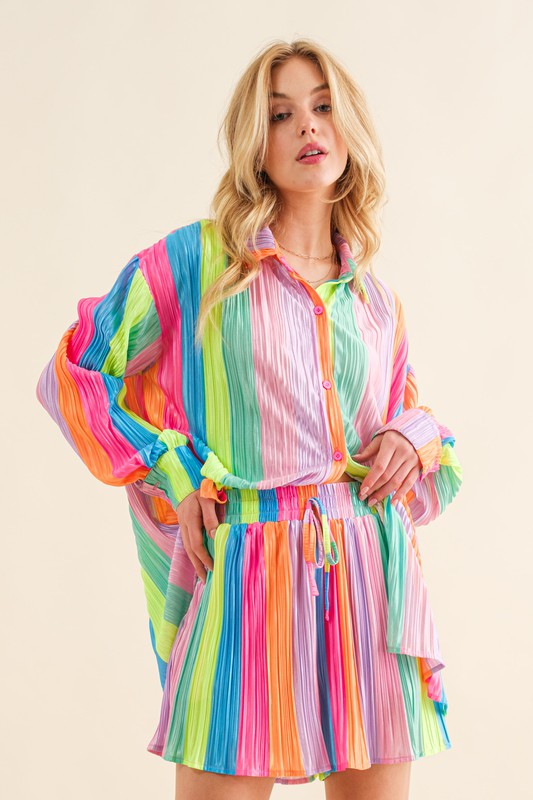 Press Pleated Rainbow Shirt with Matching Shorts