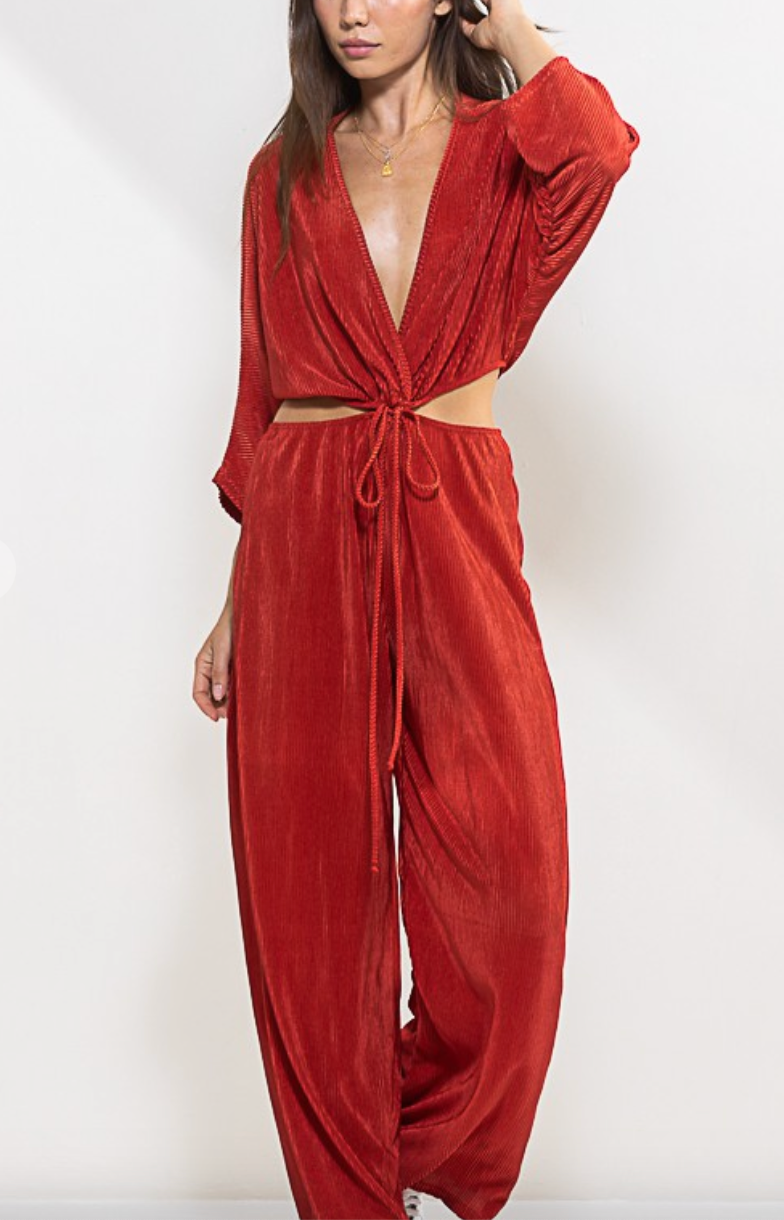 ruby red plisse cutout jumpsuit