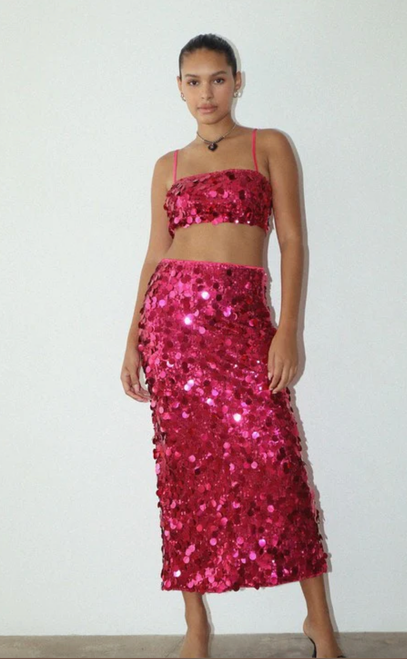 We Own the Night Hot Pink Sequin Midi Skirt