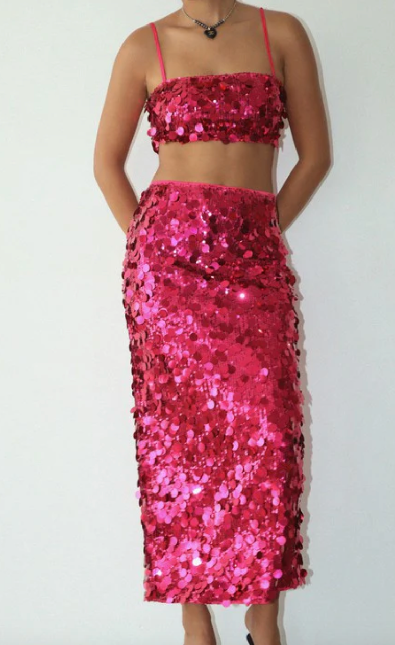 We Own the Night Hot Pink Sequin Midi Skirt