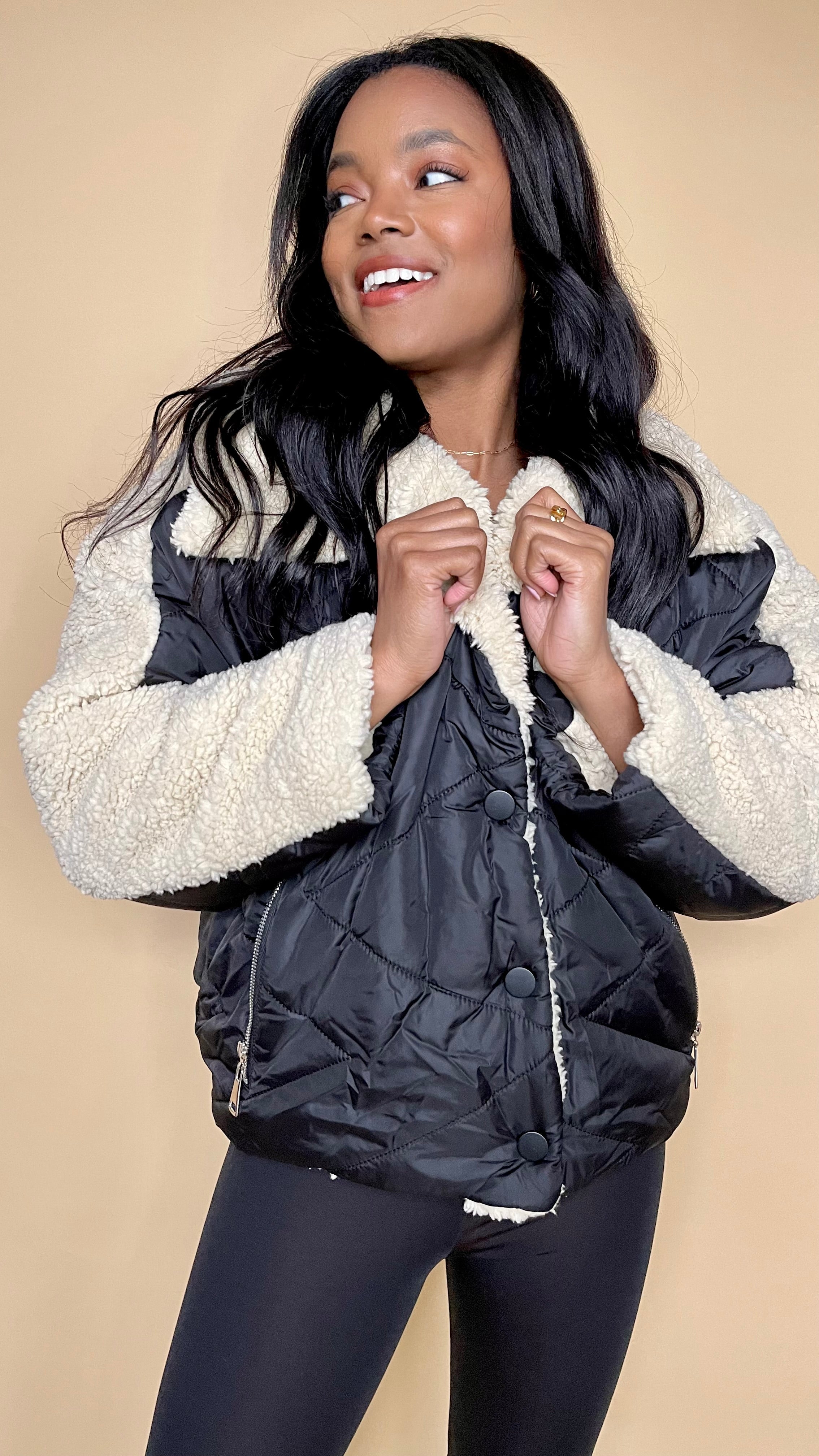 Alia Collared Quilted Sherpa Coat