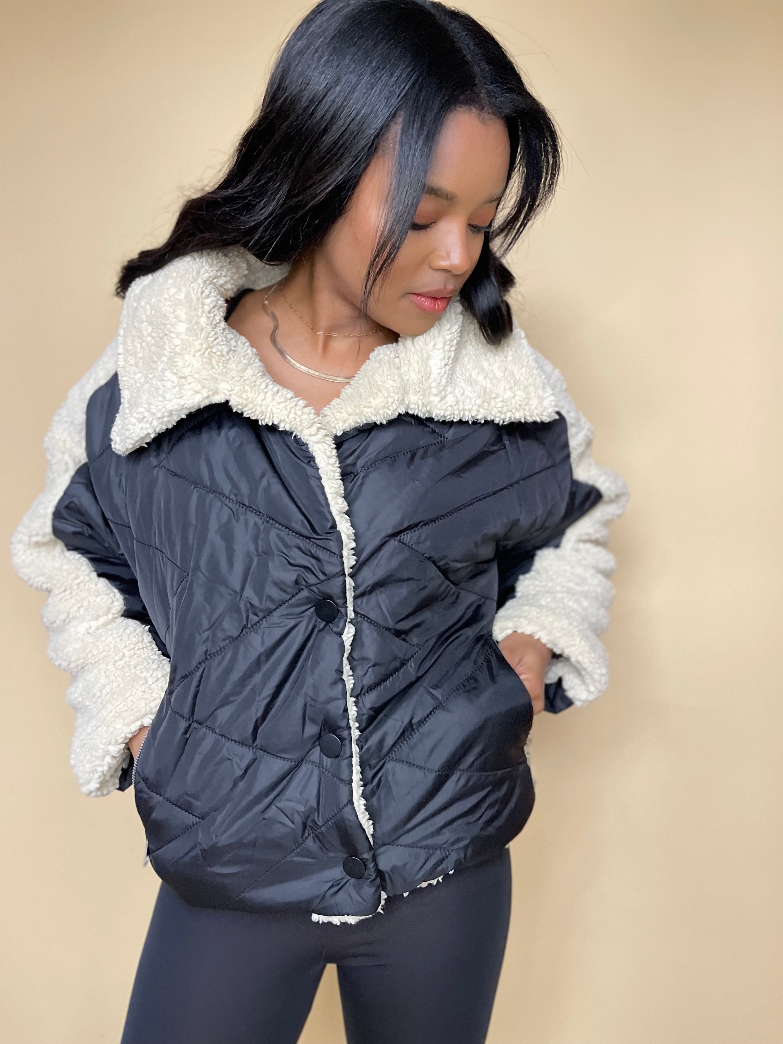 Alia Collared Quilted Sherpa Coat